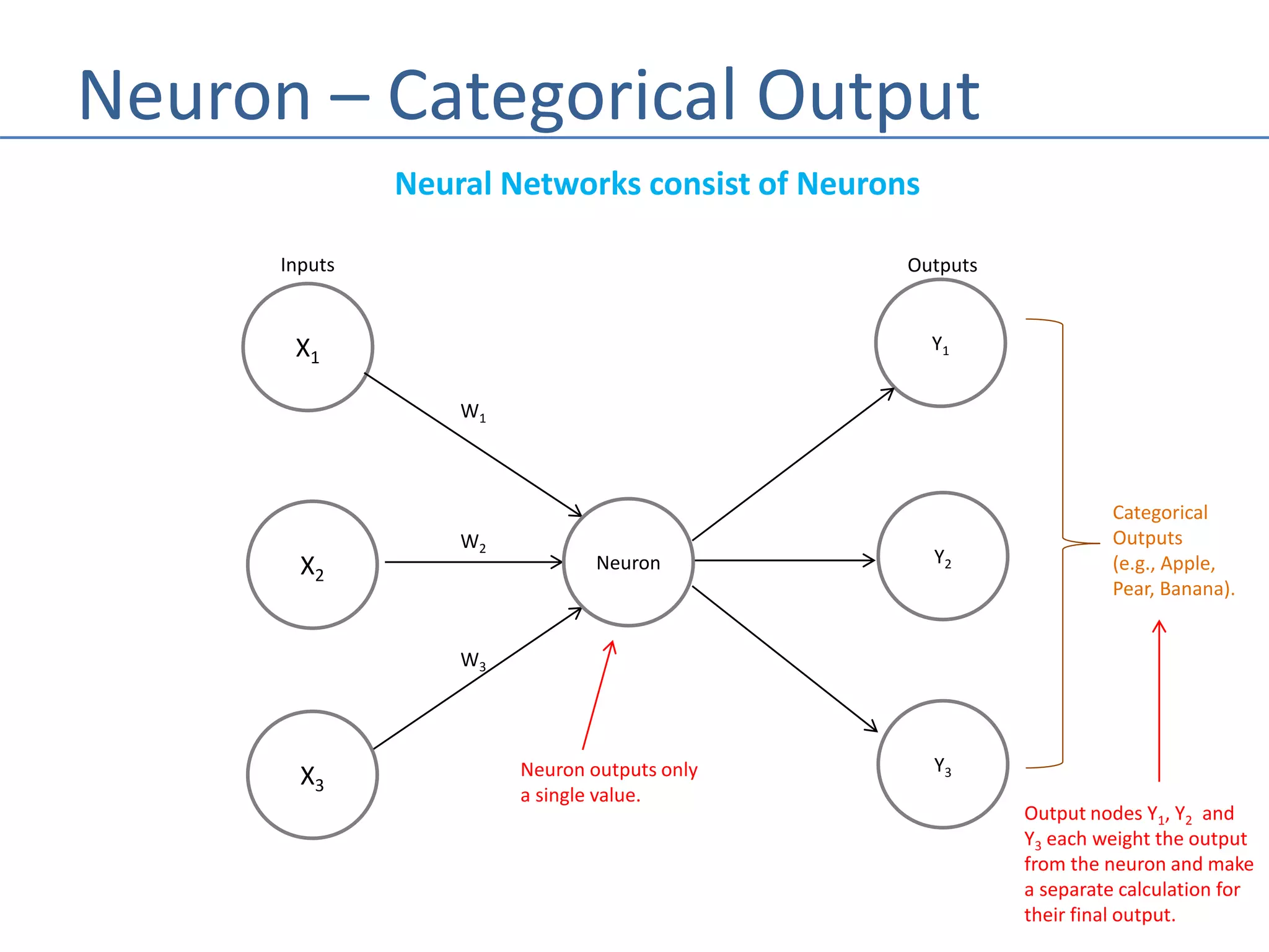 Neuron – Categorical Output
Neural Networks consist of Neurons
X1
Inputs
W1
W2
W3
X2
X3
Neuron
Y1
Y2
Y3
Outputs
Categorical
Outputs
(e.g., Apple,
Pear, Banana).
Neuron outputs only
a single value.
Output nodes Y1, Y2 and
Y3 each weight the output
from the neuron and make
a separate calculation for
their final output.
 