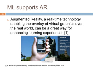 ML supports AR
 Augmented Reality, a real-time technology
enabling the overlay of virtual graphics over
the real world, can be a great way for
enhancing learning experiences [1]
[1] E. Klopfer. Augmented learning: Research and design of mobile educational games. 2008
www.lm3labs.com
25
 