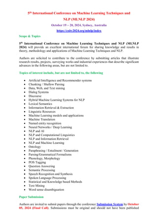 5th International Conference on Machine Learning Techniques and NLP ...
