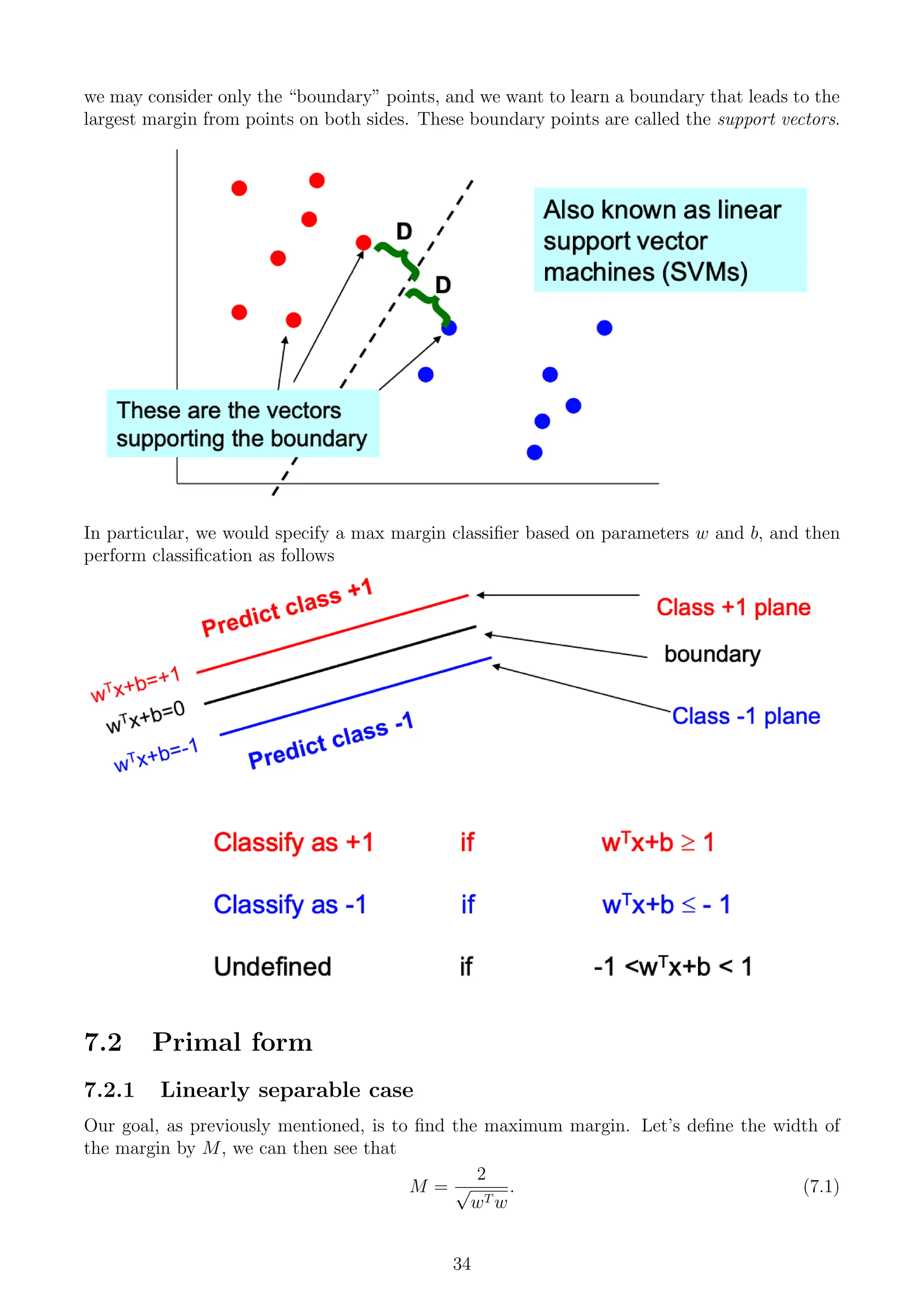 we may consider only the “boundary” points, and we want to learn a boundary that leads to the
largest margin from points on both sides. These boundary points are called the support vectors.
In particular, we would specify a max margin classifier based on parameters w and b, and then
perform classification as follows
7.2 Primal form
7.2.1 Linearly separable case
Our goal, as previously mentioned, is to find the maximum margin. Let’s define the width of
the margin by M, we can then see that
M =
2
√
wT w
. (7.1)
34
 