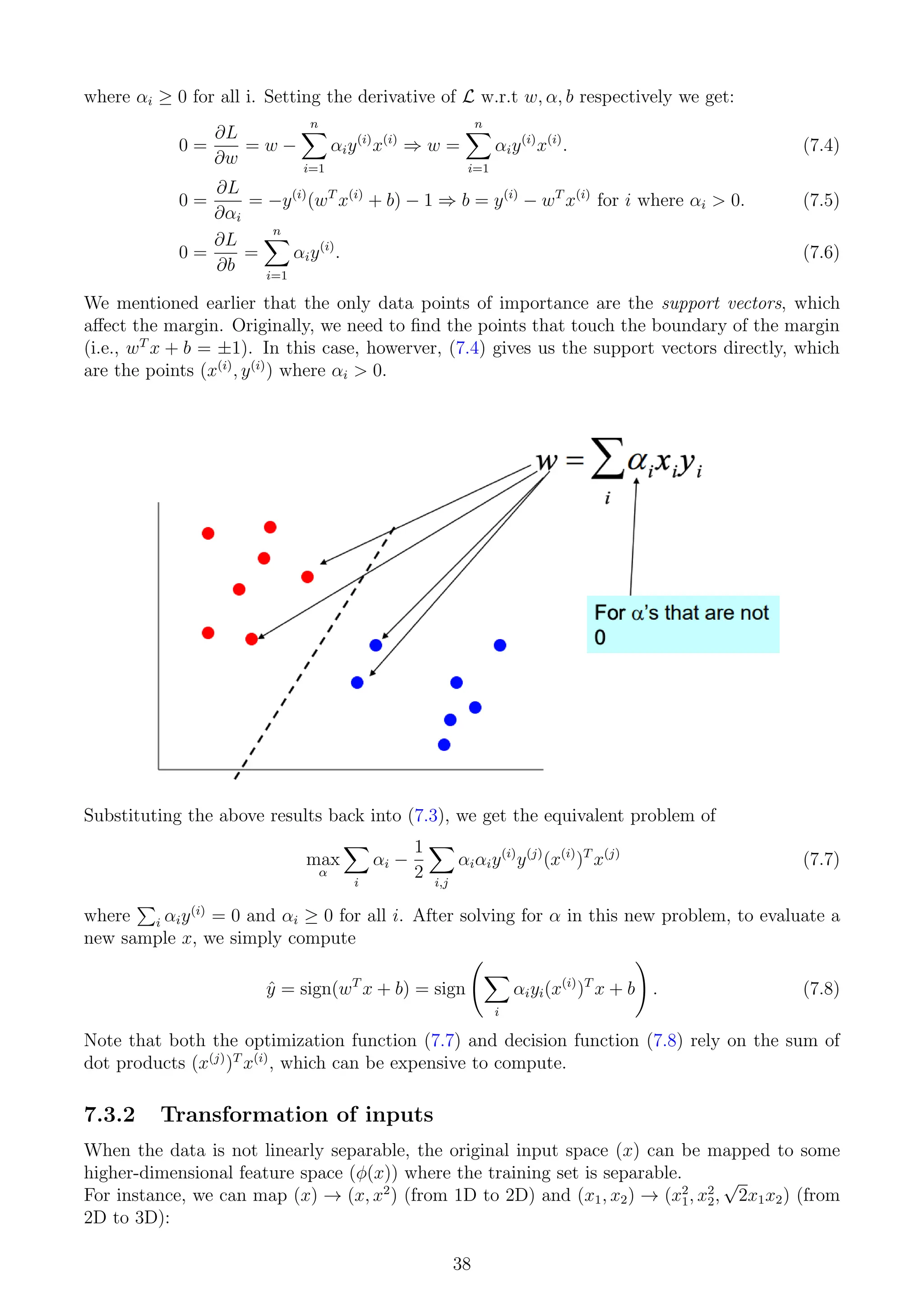 where αi ≥ 0 for all i. Setting the derivative of L w.r.t w, α, b respectively we get:
0 =
∂L
∂w
= w −
n
X
i=1
αiy(i)
x(i)
⇒ w =
n
X
i=1
αiy(i)
x(i)
. (7.4)
0 =
∂L
∂αi
= −y(i)
(wT
x(i)
+ b) − 1 ⇒ b = y(i)
− wT
x(i)
for i where αi  0. (7.5)
0 =
∂L
∂b
=
n
X
i=1
αiy(i)
. (7.6)
We mentioned earlier that the only data points of importance are the support vectors, which
affect the margin. Originally, we need to find the points that touch the boundary of the margin
(i.e., wT
x + b = ±1). In this case, howerver, (7.4) gives us the support vectors directly, which
are the points (x(i)
, y(i)
) where αi  0.
Substituting the above results back into (7.3), we get the equivalent problem of
max
α
X
i
αi −
1
2
X
i,j
αiαiy(i)
y(j)
(x(i)
)T
x(j)
(7.7)
where
P
i αiy(i)
= 0 and αi ≥ 0 for all i. After solving for α in this new problem, to evaluate a
new sample x, we simply compute
ŷ = sign(wT
x + b) = sign
X
i
αiyi(x(i)
)T
x + b
!
. (7.8)
Note that both the optimization function (7.7) and decision function (7.8) rely on the sum of
dot products (x(j)
)T
x(i)
, which can be expensive to compute.
7.3.2 Transformation of inputs
When the data is not linearly separable, the original input space (x) can be mapped to some
higher-dimensional feature space (φ(x)) where the training set is separable.
For instance, we can map (x) → (x, x2
) (from 1D to 2D) and (x1, x2) → (x2
1, x2
2,
√
2x1x2) (from
2D to 3D):
38
 