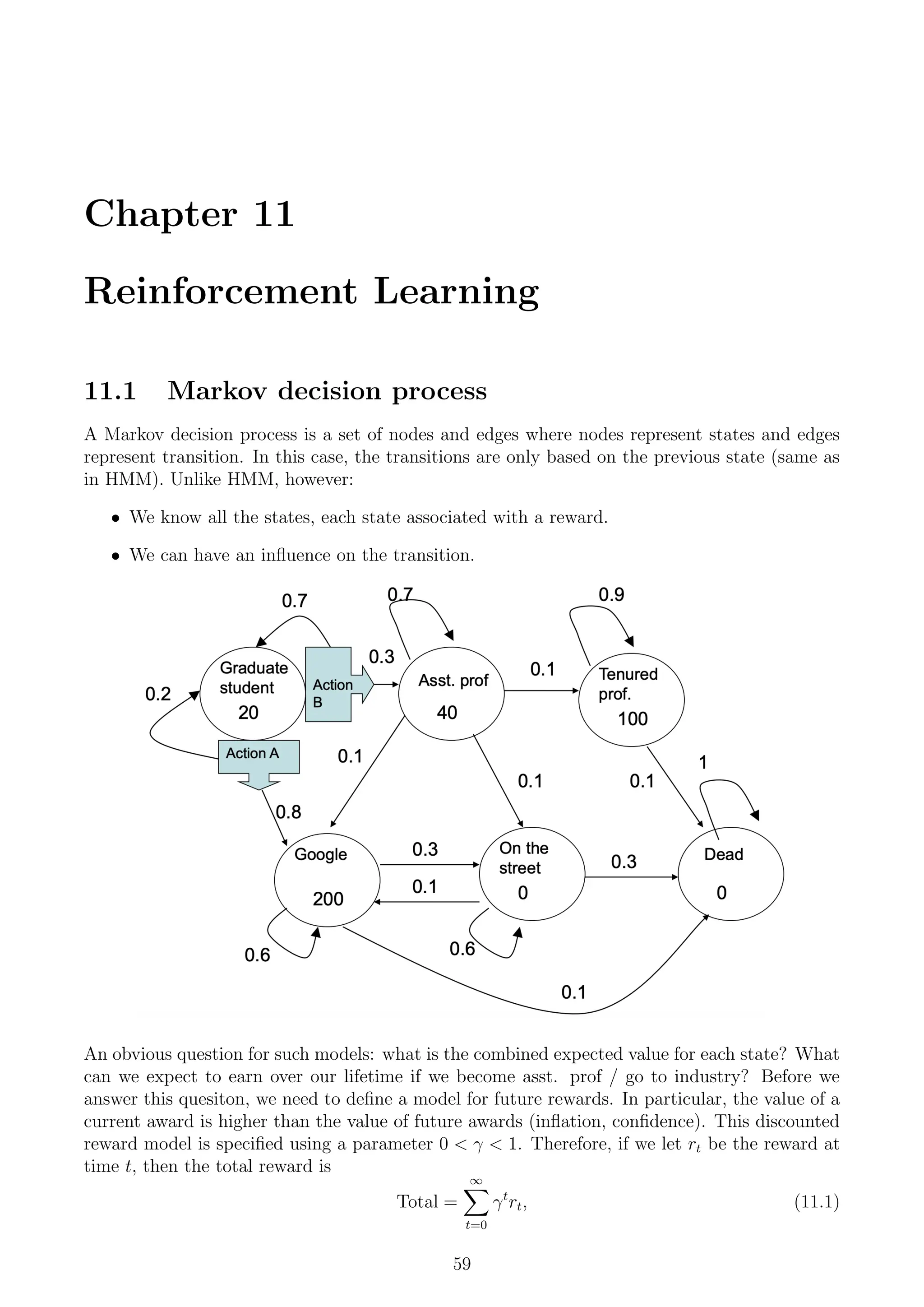 Chapter 11
Reinforcement Learning
11.1 Markov decision process
A Markov decision process is a set of nodes and edges where nodes represent states and edges
represent transition. In this case, the transitions are only based on the previous state (same as
in HMM). Unlike HMM, however:
• We know all the states, each state associated with a reward.
• We can have an influence on the transition.
An obvious question for such models: what is the combined expected value for each state? What
can we expect to earn over our lifetime if we become asst. prof / go to industry? Before we
answer this quesiton, we need to define a model for future rewards. In particular, the value of a
current award is higher than the value of future awards (inflation, confidence). This discounted
reward model is specified using a parameter 0  γ  1. Therefore, if we let rt be the reward at
time t, then the total reward is
Total =
∞
X
t=0
γt
rt, (11.1)
59
 