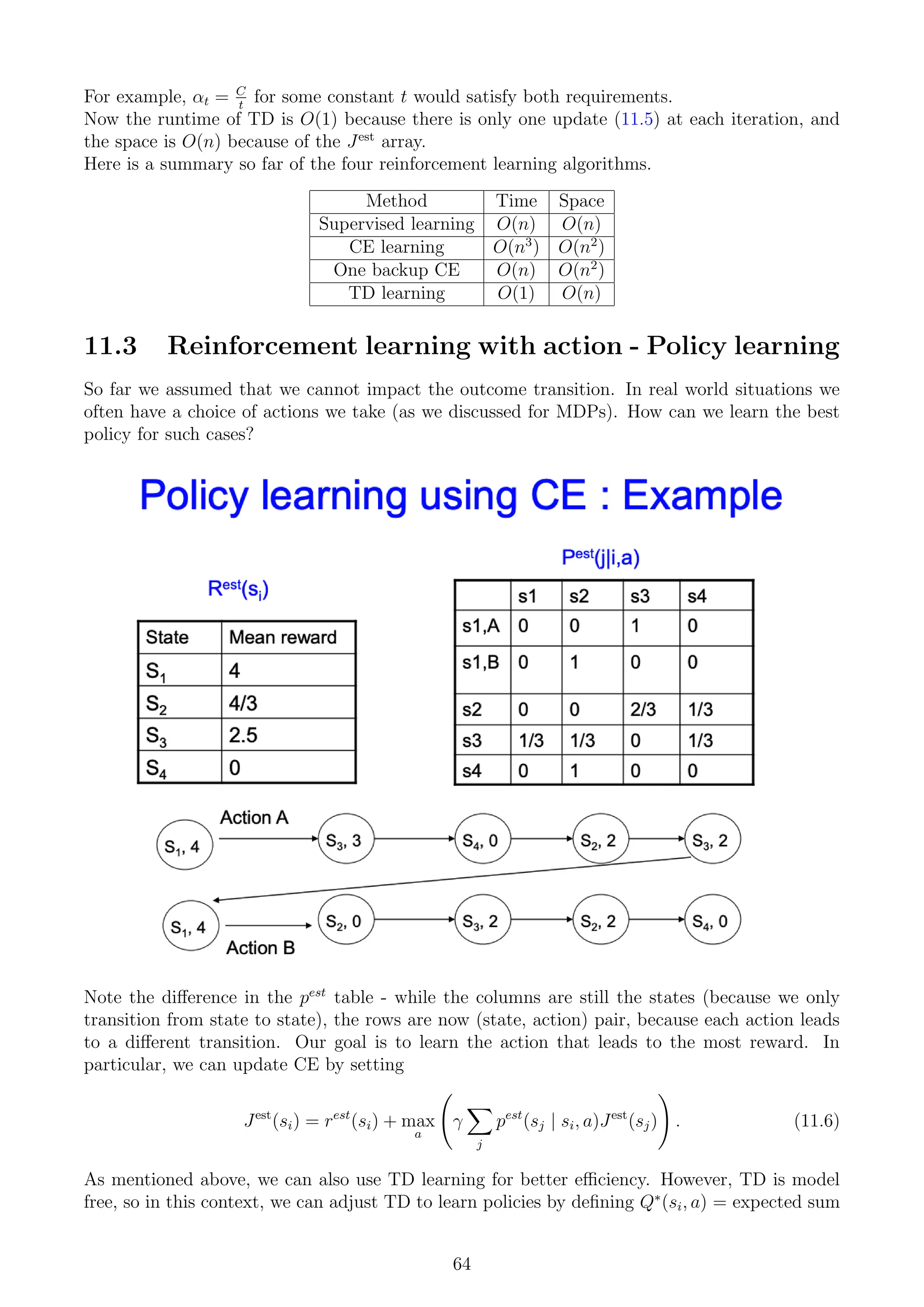 For example, αt = C
t
for some constant t would satisfy both requirements.
Now the runtime of TD is O(1) because there is only one update (11.5) at each iteration, and
the space is O(n) because of the Jest
array.
Here is a summary so far of the four reinforcement learning algorithms.
Method Time Space
Supervised learning O(n) O(n)
CE learning O(n3
) O(n2
)
One backup CE O(n) O(n2
)
TD learning O(1) O(n)
11.3 Reinforcement learning with action - Policy learning
So far we assumed that we cannot impact the outcome transition. In real world situations we
often have a choice of actions we take (as we discussed for MDPs). How can we learn the best
policy for such cases?
Note the difference in the pest
table - while the columns are still the states (because we only
transition from state to state), the rows are now (state, action) pair, because each action leads
to a different transition. Our goal is to learn the action that leads to the most reward. In
particular, we can update CE by setting
Jest
(si) = rest
(si) + max
a
γ
X
j
pest
(sj | si, a)Jest
(sj)
!
. (11.6)
As mentioned above, we can also use TD learning for better efficiency. However, TD is model
free, so in this context, we can adjust TD to learn policies by defining Q∗
(si, a) = expected sum
64
 