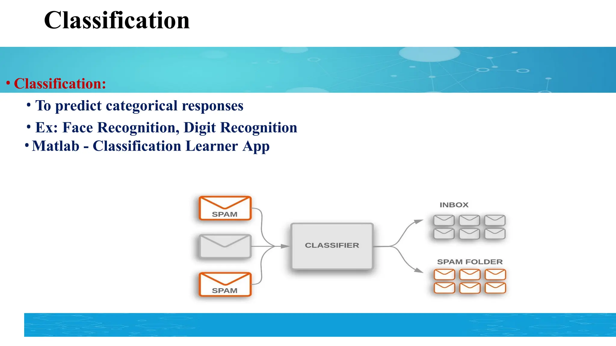 Classification
• Classification:
• To predict categorical responses
• Ex: Face Recognition, Digit Recognition
•Matlab - Classification Learner App
 
