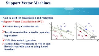 Support Vector Machines
Can be used for classification and regression
Support Vector Classification (SVC):
⮚Used for Binary Classification task
⮚Logistic regression finds a possible separating
hyper plane
⮚SVM Finds optimal Hyperplane
⮚Handles linearly separable as well as non-
linearly separable data by using kernel
functions
 