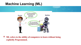Machine Learning (ML)
 ML refers to the ability of computers to learn without being
explicitly Programmed.
 