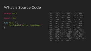'112', '97', '99', '107', '97', '103',
'101', '32', '109', '97', '105', '110',
'10', '10', '105', '109', '112', '111',
'114', '116', '32', '40', '10', '9',
'34', '102', '109', '116', '34', '10',
'41', '10', '10', '102', '117', '110',
'99', '32', '109', '97', '105', '110',
'40', '41', '32', '123', '10', '9',
'102', '109', '116', '46', '80', '114',
'105', '110', '116', '108', '110', '40',
'34', '72', '101', '108', '108', '111',
'44', '32', '112', '108', '97', '121',
'103', '114', '111', '117', '110', '100',
'34', '41', '10', '125', '10'
package main
import “fmt”
func main() {
fmt.Println(“Hello, Copenhagen”)
}
What is Source Code
 