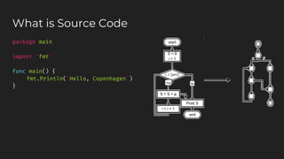 What is Source Code
package main
import “fmt”
func main() {
fmt.Println(“Hello, Copenhagen”)
}
 