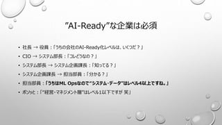 ”AI-Ready”な企業は必須
• 社長 → 役員：「うちの会社のAI-Ready化レベルは、いくつだ？」
• CIO → システム部長：「コレどうなの？」
• システム部長 → システム企画課長：「知ってる？」
• システム企画課長 → 担当部員：「分かる？」
• 担当部員：「うちはML Opsなので“システム・データ”はレベル4以上ですね。」
• ボソッと：「“経営・マネジメント層”はレベル1以下ですが 笑」
 