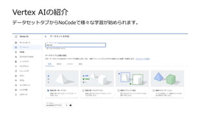 Vertex AIの紹介
データセットタブからNoCodeで様々な学習が始められます。
 
