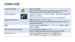 AI関連の話題
NVIDIA CANVAS 絵でリアルを描く
https://www.nvidia.com/en-us/studio/canvas/#nvidia-canvas
https://www.youtube.com/watch?v=WsKYI65chxA
AWS DeepRacer 1/18 スケールのレーシングカーを使い、楽しみながら強化学習
を学ぶことができる
https://www.youtube.com/watch?v=G19ZElMNpTE
NVIDIA RTX Voice GPUとAIによるノイズキャンセル
https://www.nvidia.com/ja-jp/geforce/guides/nvidia-rtx-
voice-setup-guide/
資格 AWS/GCP/Azure機械学習orディープラーニング試験、E資格、
Jetson AI資格
Microsoft Flight Simulator ゲームでAzureMLが使われている
https://wpteq.org/xbox/xbox-games/post-70109/
ASUS Flow x13 VRAM16GBの外付けGPUをPCIE x8で接続できる!
デカイPCを買わずにKaggleコンペに参加できるか？
 