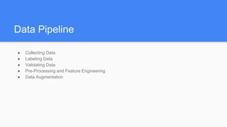 Data Pipeline
● Collecting Data
● Labeling Data
● Validating Data
● Pre-Processing and Feature Engineering
● Data Augmentation
 