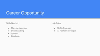 Career Opportunity
Skills Needed :
● Machine Learning
● Deep Learning
● System
● Database
Job Roles :
● MLOp Engineer
● AI Platform developer
 