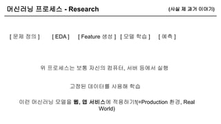 머신러닝 프로세스 - Research
[ 문제 정의 ] [ Feature 생성 ]
[ EDA ] [ 모델 학습 ] [ 예측 ]
위 프로세스는 보통 자신의 컴퓨터, 서버 등에서 실행
고정된 데이터를 사용해 학습
이런 머신러닝 모델을 웹, 앱 서비스에 적용하기!(=Production 환경, Real
World)
(사실 제 과거 이야기)
 
