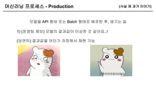 머신러닝 프로세스 - Production
모델을 API 형태 또는 Batch 형태로 배포한 후, 생기는 일
(사실 제 과거 이야기)
1) (운영팀 제보) 모델의 결과값이 이상한 것 같아요..!
(당연히) 결과값을 어딘가 저장해서 재현 가능
 
