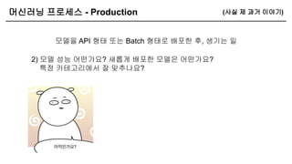 머신러닝 프로세스 - Production
모델을 API 형태 또는 Batch 형태로 배포한 후, 생기는 일
(사실 제 과거 이야기)
2) 모델 성능 어떤가요? 새롭게 배포한 모델은 어떤가요?
특정 카테고리에서 잘 맞추나요?
 