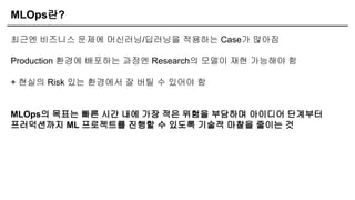MLOps란?
최근엔 비즈니스 문제에 머신러닝/딥러닝을 적용하는 Case가 많아짐
Production 환경에 배포하는 과정엔 Research의 모델이 재현 가능해야 함
+ 현실의 Risk 있는 환경에서 잘 버틸 수 있어야 함
MLOps의 목표는 빠른 시간 내에 가장 적은 위험을 부담하며 아이디어 단계부터
프러덕션까지 ML 프로젝트를 진행할 수 있도록 기술적 마찰을 줄이는 것
 