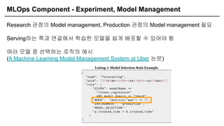 MLOps Component - Experiment, Model Management
Research 관점의 Model management, Production 관점의 Model management 필요
Serving하는 쪽과 연결해서 학습한 모델을 쉽게 배포할 수 있어야 함
여러 모델 중 선택하는 로직의 예시
(A Machine Learning Model Management System at Uber 논문)
 