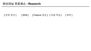 머신러닝 프로세스 - Research
[ 문제 정의 ] [ Feature 생성 ]
[ EDA ] [ 모델 학습 ] [ 예측 ]
 