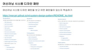머신러닝 시스템 디자인 패턴
머신러닝 시스템 디자인 패턴을 보고 어떤 패턴들이 있는지 학습하기
https://mercari.github.io/ml-system-design-pattern/README_ko.html
 