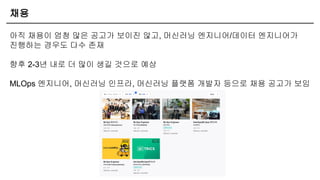 채용
아직 채용이 엄청 많은 공고가 보이진 않고, 머신러닝 엔지니어/데이터 엔지니어가
진행하는 경우도 다수 존재
향후 2-3년 내로 더 많이 생길 것으로 예상
MLOps 엔지니어, 머신러닝 인프라, 머신러닝 플랫폼 개발자 등으로 채용 공고가 보임
 