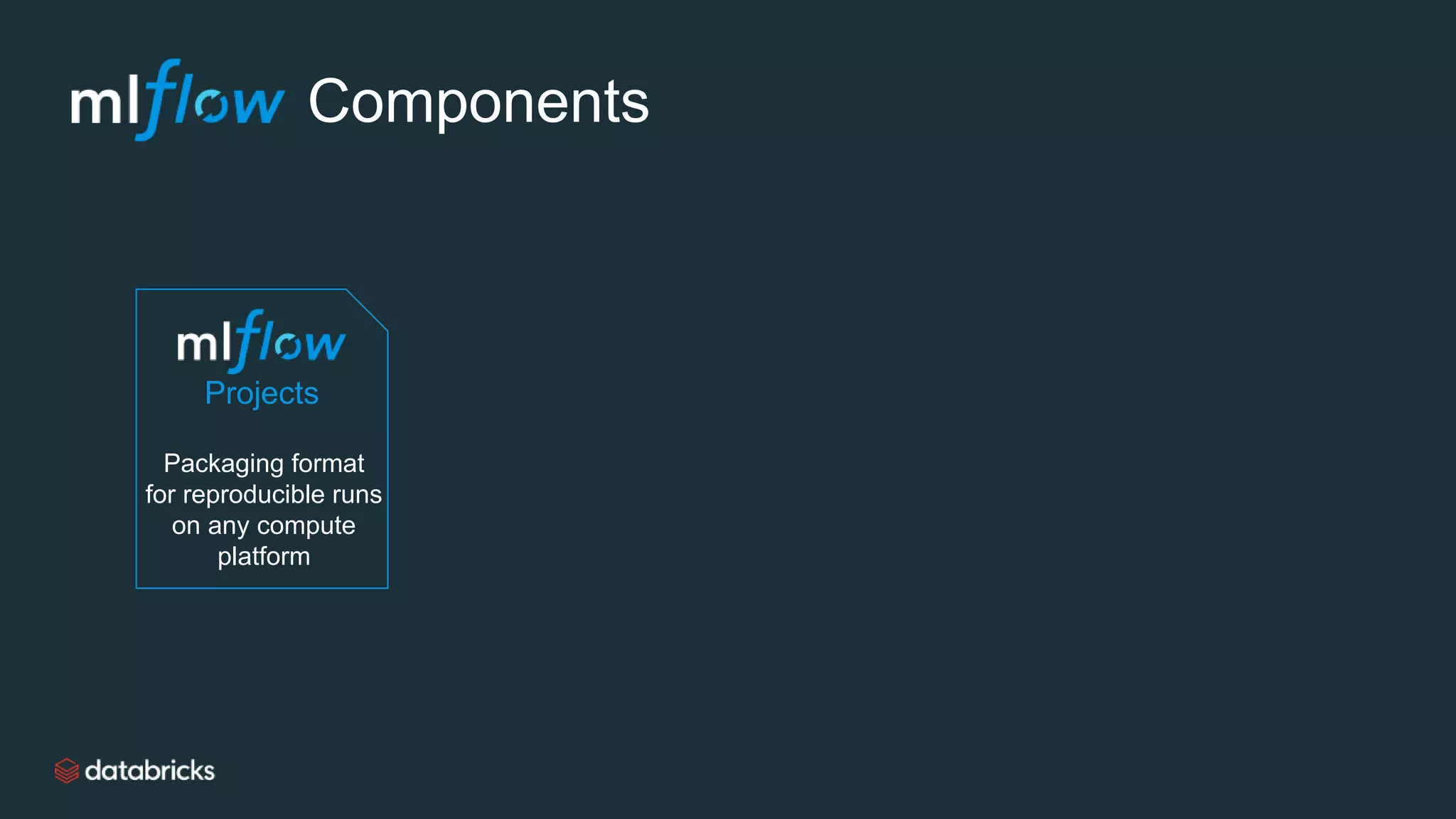 Projects
Packaging format
for reproducible runs
on any compute
platform
Components
 