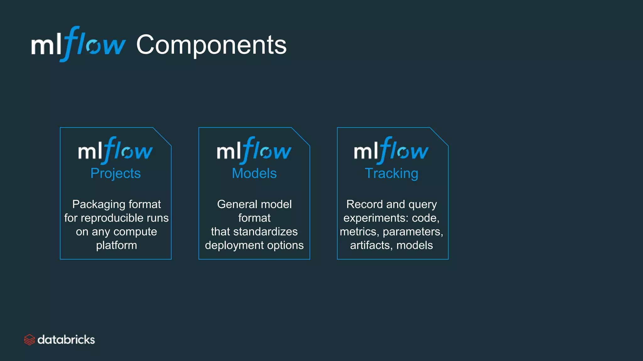 Tracking
Record and query
experiments: code,
metrics, parameters,
artifacts, models
Models
General model
format
that standardizes
deployment options
Projects
Packaging format
for reproducible runs
on any compute
platform
Components
 