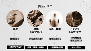 畜産  機械 
モニタリング 
防犯・警備  インフラ 
モニタリング 
異音とは？
風邪をひく  悲鳴があがる  ドアが閉まる 
音がおかしい 
水の流れが悪い 
出荷ができない  故障 / 操業一時停止  人的被害・盗難  ダイヤ乱れ 
 