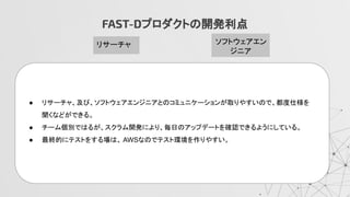 FAST-Dプロダクトの開発利点
リサーチャ ソフトウェアエン
ジニア
● リサーチャ、及び、ソフトウェアエンジニアとのコミュニケーションが取りやすいので、都度仕様を
聞くなどができる。
● チーム個別ではるが、スクラム開発により、毎日のアップデートを確認できるようにしている。
● 最終的にテストをする場は、 AWSなのでテスト環境を作りやすい。
 