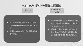 FAST-Dプロダクトの開発の問題点
リサーチャ ソフトウェアエン
ジニア
● PoC の進捗速度が早いためか、ソース
コードと結果の関連管理が乱雑になりが
ち。
● 経験とセンスがものをいう。 (問題点とは
言いづらい。)
● リサーチャが求めていた推論精度に達さ
ないことがある。(※最終的には達するよ
うにチームが注力する。 )
● がんばって開発したはいいけど、次バー
ジョンあたりで利用しなくなる機能があ
る。(※費用対効果の見極めが難しい。 )
 