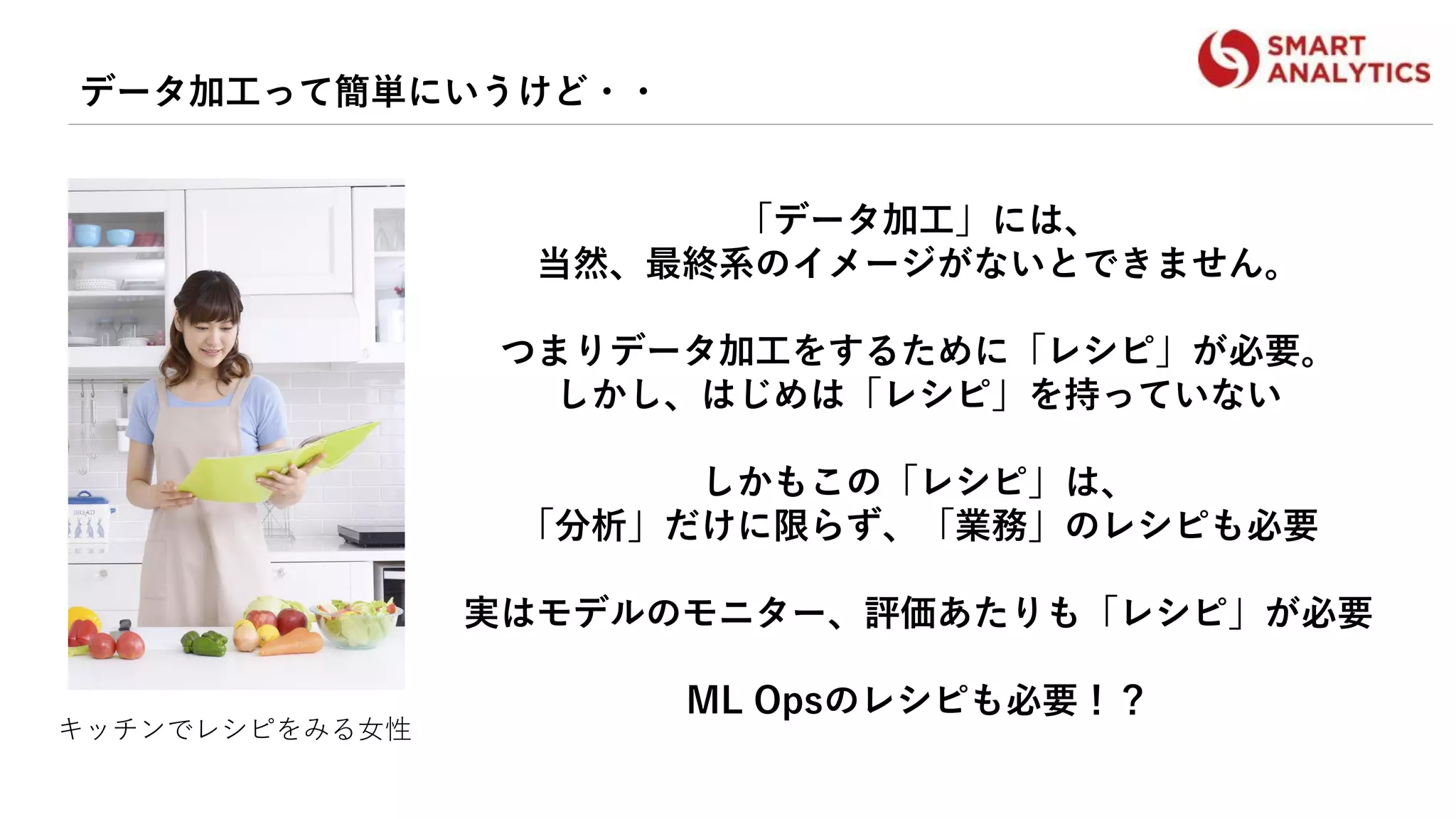 データ加工って簡単にいうけど・・
「データ加工」には、
当然、最終系のイメージがないとできません。
つまりデータ加工をするために「レシピ」が必要。
しかし、はじめは「レシピ」を持っていない
しかもこの「レシピ」は、
「分析」だけに限らず、「業務」のレシピも必要
実はモデルのモニター、評価あたりも「レシピ」が必要
ML Opsのレシピも必要！？
キッチンでレシピをみる女性
 