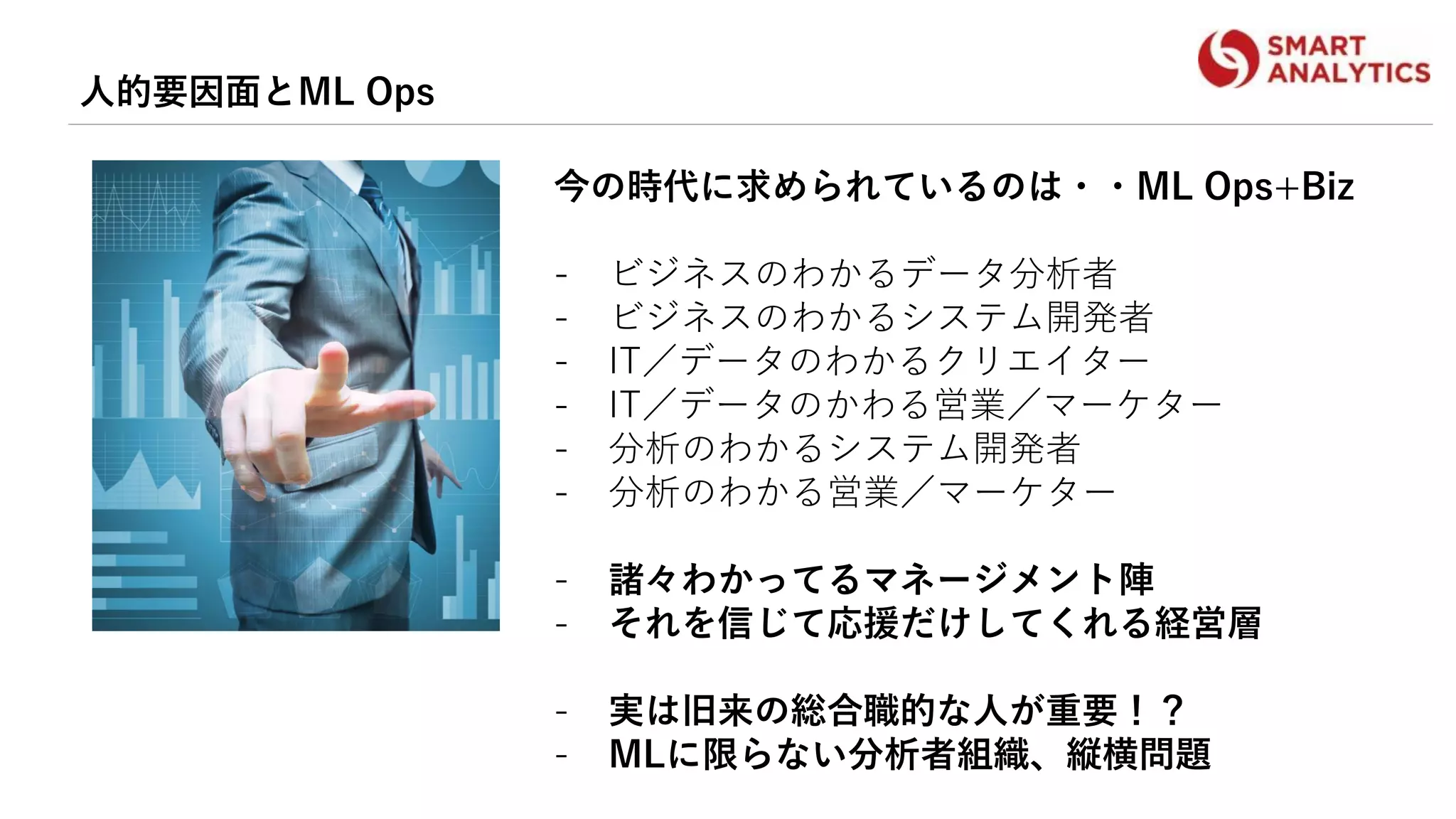 人的要因面とML Ops
今の時代に求められているのは・・ML Ops+Biz
- ビジネスのわかるデータ分析者
- ビジネスのわかるシステム開発者
- IT／データのわかるクリエイター
- IT／データのかわる営業／マーケター
- 分析のわかるシステム開発者
- 分析のわかる営業／マーケター
- 諸々わかってるマネージメント陣
- それを信じて応援だけしてくれる経営層
- 実は旧来の総合職的な人が重要！？
- MLに限らない分析者組織、縦横問題
 