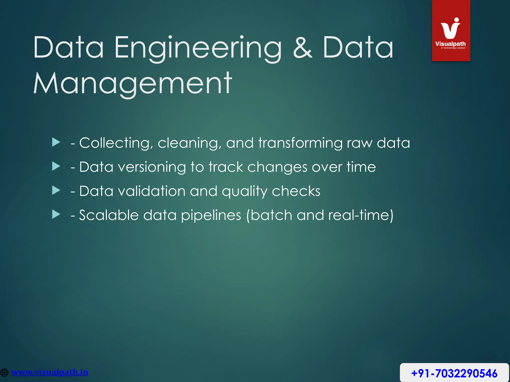 Data Engineering & Data
Management
 - Collecting, cleaning, and transforming raw data
 - Data versioning to track changes over time
 - Data validation and quality checks
 - Scalable data pipelines (batch and real-time)
+91-7032290546
 