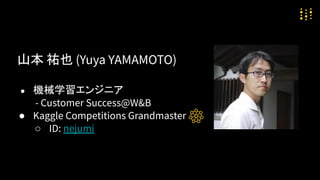 山本 祐也 (Yuya YAMAMOTO)
● 機械学習エンジニア
- Customer Success@W&B
● Kaggle Competitions Grandmaster
○ ID: nejumi
 