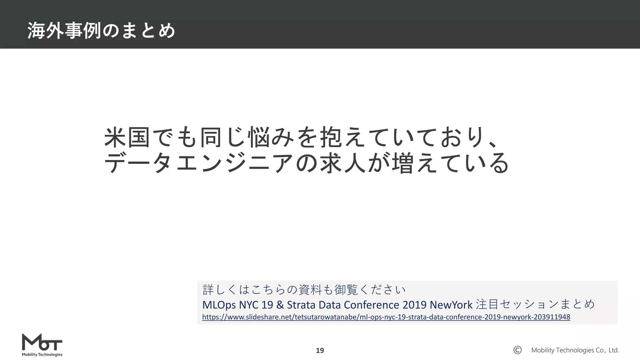 Mobility Technologies Co., Ltd.
米国でも同じ悩みを抱えていており、
データエンジニアの求人が増えている
海外事例のまとめ
19
詳しくはこちらの資料も御覧ください
MLOps NYC 19 & Strata Data Conference 2019 NewYork 注目セッションまとめ
https://www.slideshare.net/tetsutarowatanabe/ml-ops-nyc-19-strata-data-conference-2019-newyork-203911948
 