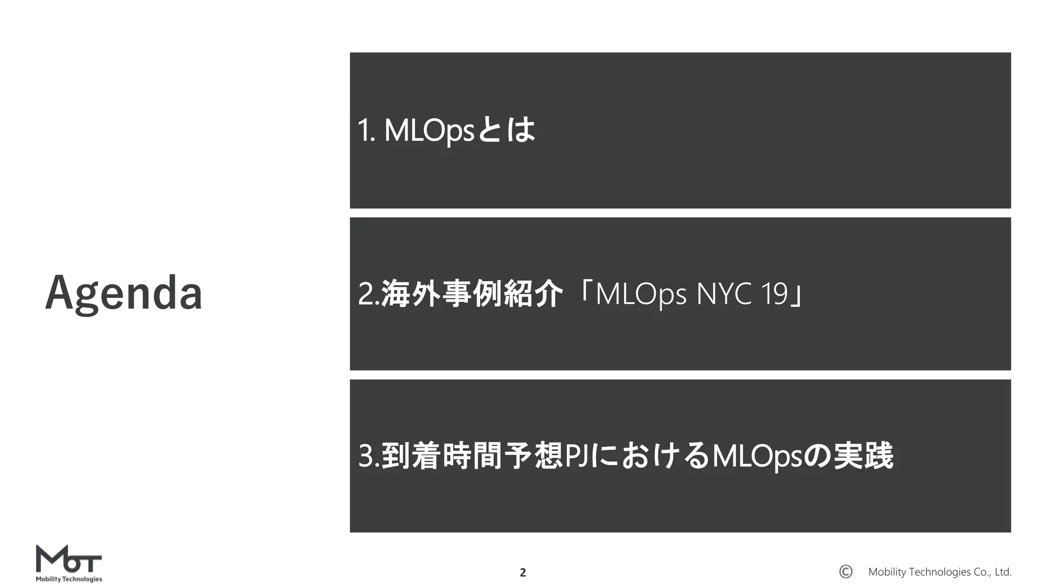 Mobility Technologies Co., Ltd.2
1. MLOpsとは
Agenda
3.到着時間予想PJにおけるMLOpsの実践
2.海外事例紹介「MLOps NYC 19」
 