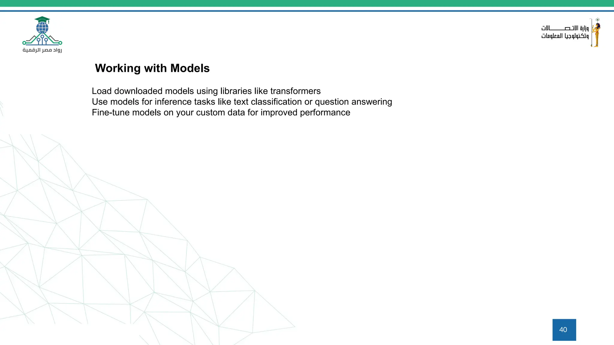40
Working with Models
Load downloaded models using libraries like transformers
Use models for inference tasks like text classification or question answering
Fine-tune models on your custom data for improved performance
 