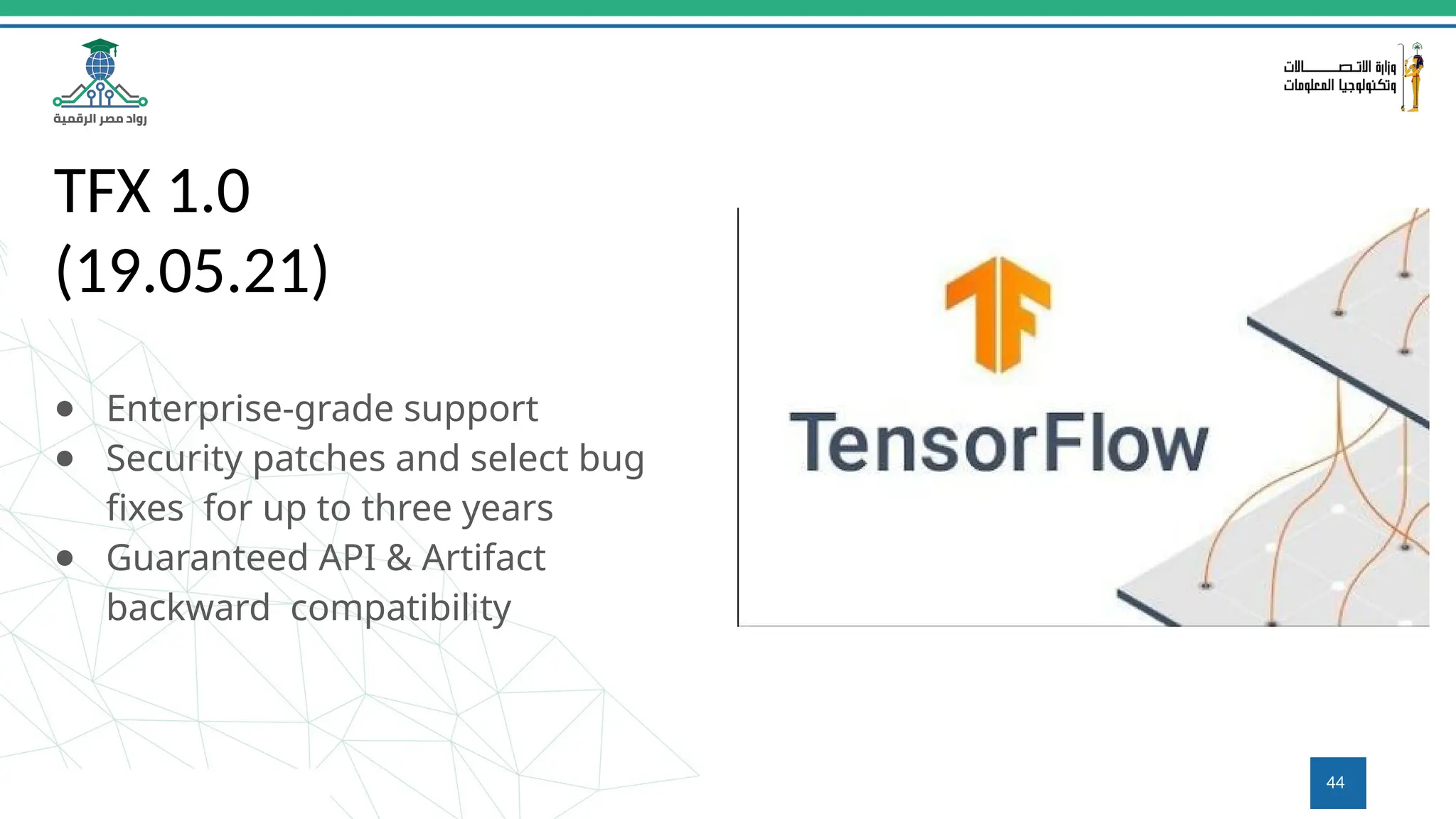 TFX 1.0
(19.05.21)
● Enterprise-grade support
● Security patches and select bug
ﬁxes for up to three years
● Guaranteed API & Artifact
backward compatibility
44
 