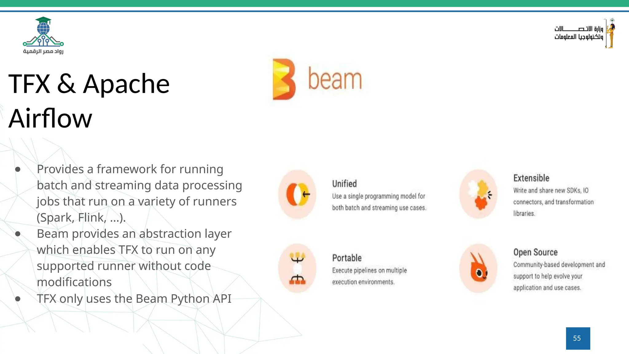 TFX & Apache
Airﬂow
● Provides a framework for running
batch and streaming data processing
jobs that run on a variety of runners
(Spark, Flink, ...).
● Beam provides an abstraction layer
which enables TFX to run on any
supported runner without code
modiﬁcations
● TFX only uses the Beam Python API
55
 