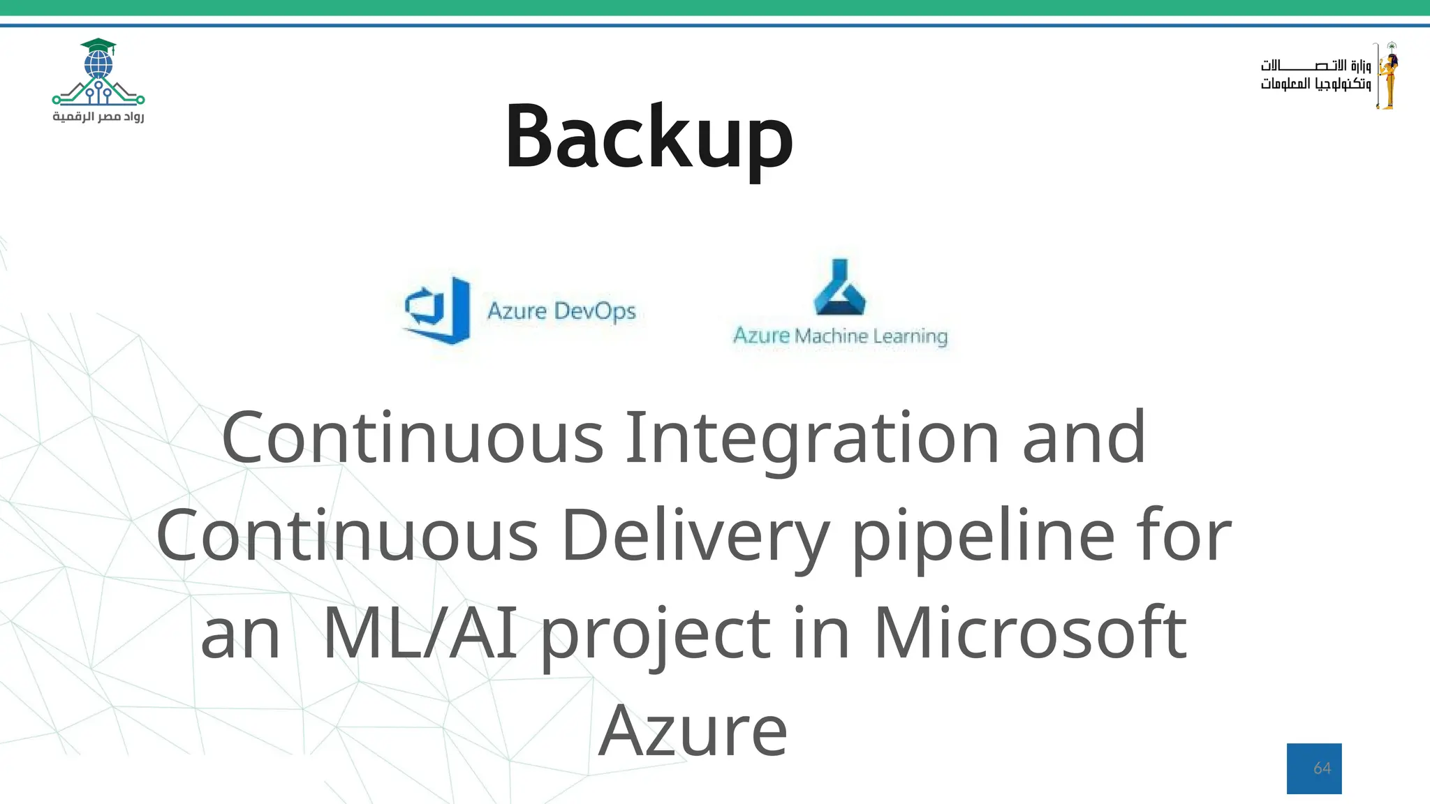 Backup
Continuous Integration and
Continuous Delivery pipeline for
an ML/AI project in Microsoft
Azure 64
 