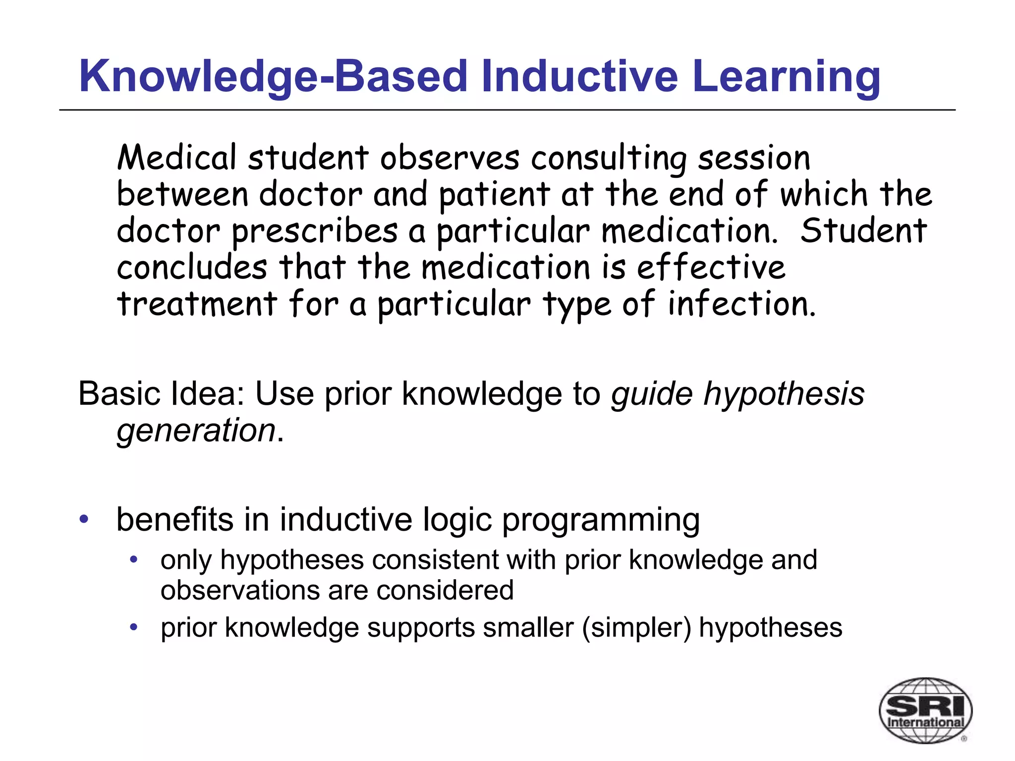 Knowledge-Based Inductive Learning
Medical student observes consulting session
between doctor and patient at the end of which the
doctor prescribes a particular medication. Student
concludes that the medication is effective
treatment for a particular type of infection.
Basic Idea: Use prior knowledge to guide hypothesis
generation.
• benefits in inductive logic programming
• only hypotheses consistent with prior knowledge and
observations are considered
• prior knowledge supports smaller (simpler) hypotheses
 