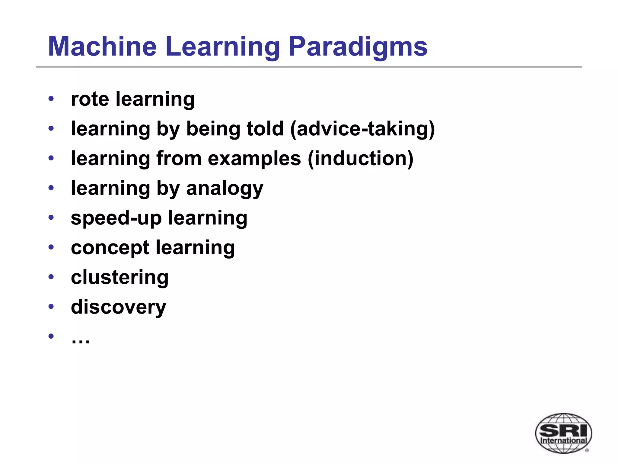 Machine Learning Paradigms
• rote learning
• learning by being told (advice-taking)
• learning from examples (induction)
• learning by analogy
• speed-up learning
• concept learning
• clustering
• discovery
• …
 