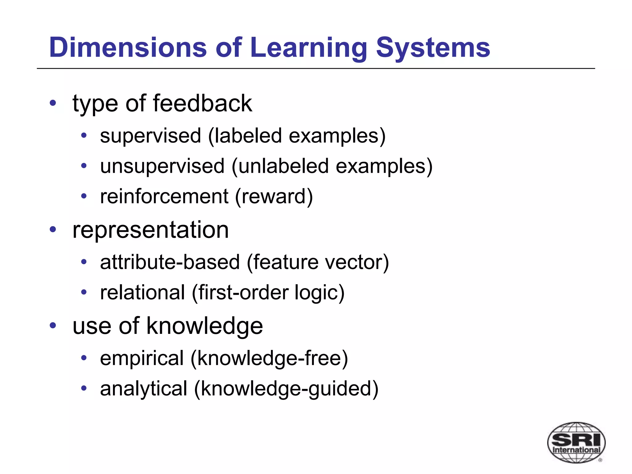 Dimensions of Learning Systems
• type of feedback
• supervised (labeled examples)
• unsupervised (unlabeled examples)
• reinforcement (reward)
• representation
• attribute-based (feature vector)
• relational (first-order logic)
• use of knowledge
• empirical (knowledge-free)
• analytical (knowledge-guided)
 