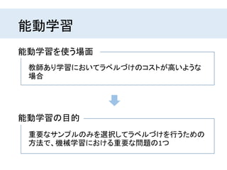 教師あり学習においてラベルづけのコストが高いような
場合
能動学習を使う場面
能動学習
重要なサンプルのみを選択してラベルづけを行うための
方法で、機械学習における重要な問題の1つ
能動学習の目的
 
