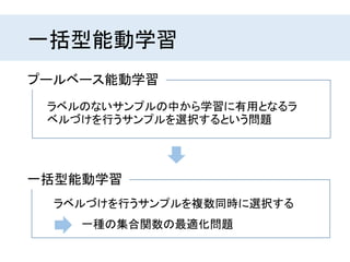 一括型能動学習
ラベルのないサンプルの中から学習に有用となるラ
ベルづけを行うサンプルを選択するという問題
プールベース能動学習
ラベルづけを行うサンプルを複数同時に選択する
一括型能動学習
一種の集合関数の最適化問題
 