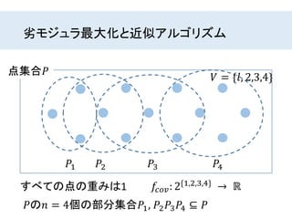 劣モジュラ最大化と近似アルゴリズム
点集合𝑃
𝑃の𝑛 = 4個の部分集合𝑃1, 𝑃2 𝑃3 𝑃4 ⊆ 𝑃
すべての点の重みは1 𝑓𝑐𝑜𝑣: 2{1,2,3,4}
→ ℝ
𝑃1 𝑃2 𝑃3 𝑃4
𝑉 = {𝑙, 2,3,4}
 