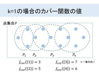 k=1の場合のカバー関数の値
点集合𝑃
𝑃1 𝑃2 𝑃3 𝑃4
𝑓𝑐𝑜𝑣 1 = 3
𝑓𝑐𝑜𝑣 2 = 5
𝑓𝑐𝑜𝑣 3 = 7
𝑓𝑐𝑜𝑣 4 = 6
←一番大きい
 