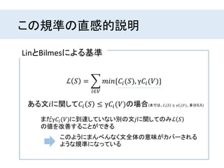 この規準の直感的説明
LinとBilmesによる基準
ℒ 𝑆 =
𝑖∈𝑉
𝑚𝑖𝑛{𝐶𝑖(𝑆), γ𝐶𝑖(𝑉)}
ある文𝑖に関して𝐶𝑖 𝑆 ≤ γ𝐶𝑖(𝑉)の場合(本では、𝐶𝑖 𝑆 ≥ γ𝐶𝑖(𝑉)。多分ミス)
まだγ𝐶𝑖(𝑉)に到達していない別の文𝑗に関してのみℒ 𝑆
の値を改善することができる
このようにまんべんなく文全体の意味がカバーされる
ような規準になっている
 