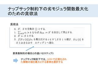 ナップサック制約下の劣モジュラ関数最大化
のための貪欲法
要素数制約の場合との違いはステップ3
貪欲法
ナップサック制約下では、コストで正規化され
た関数の値を最大とする要素を選択する
 