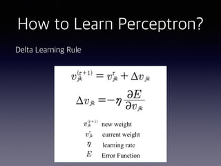 How to Learn Perceptron?
Delta Learning Rule
new weight
current weight
learning rate
Error Function
 